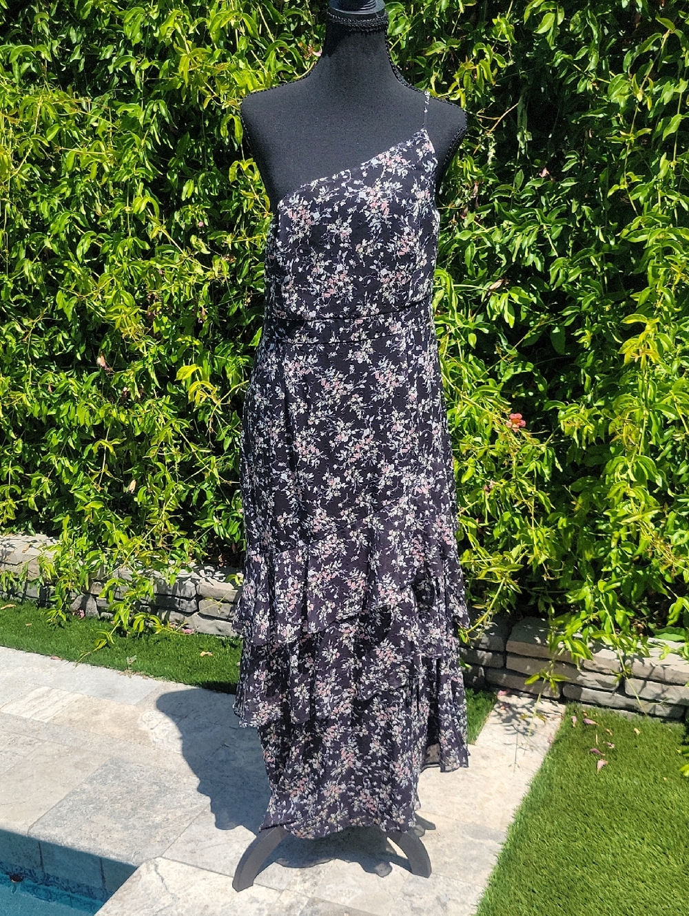 Lulu's Black Floral Maxi Slip Dress with Pink & Cream Blooms Sz L